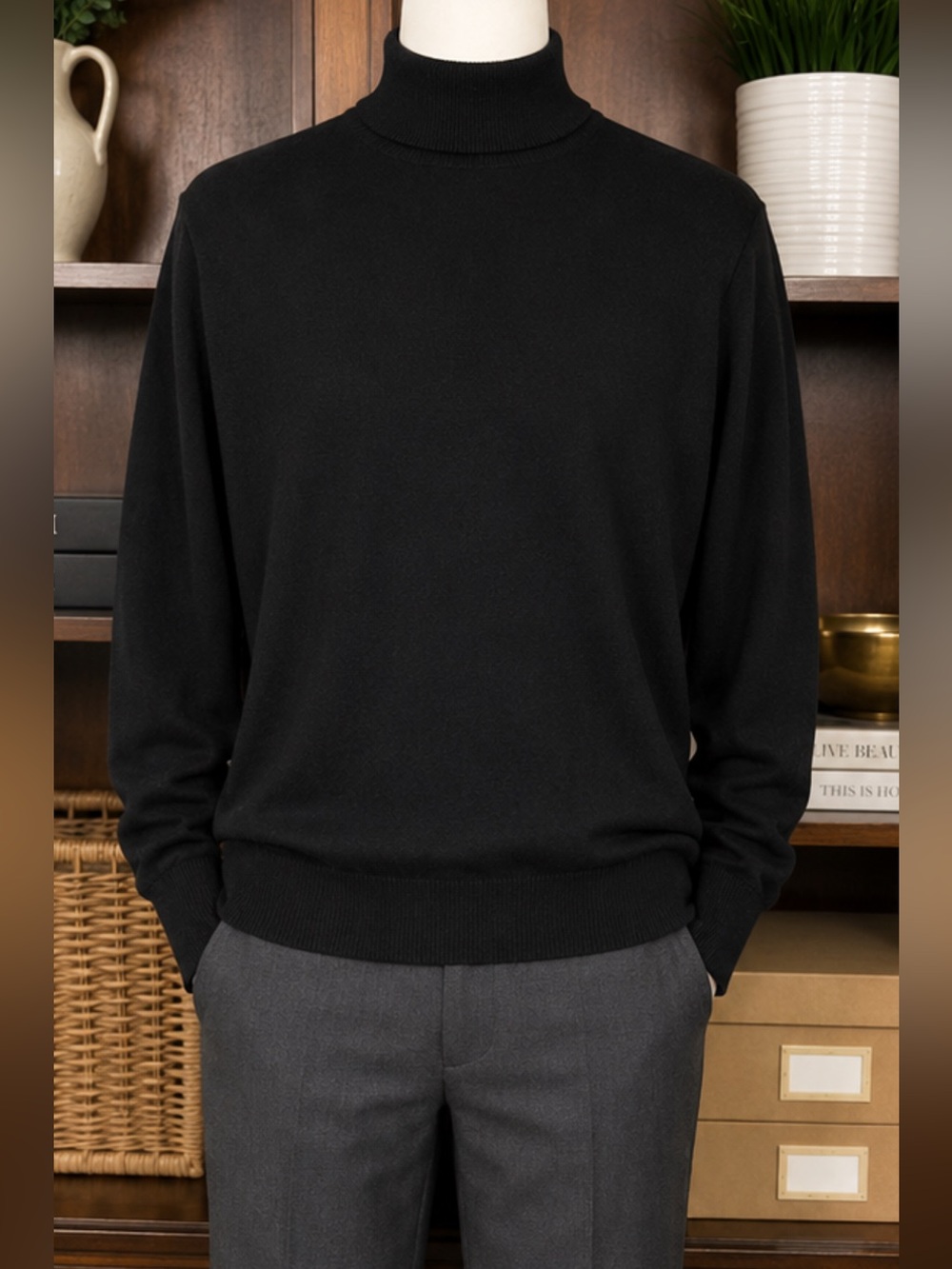 Expert by Evergreen Black Extra Fine Merino Wool Mock Neck Pullover Size Large